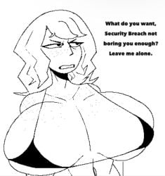 1girls annoyed bikini breasts clothed colorless english_text female female_only freckles freckles_on_breasts freckles_on_face frowning huge_breasts looking_at_another mii nintendo no_sex offscreen_character original_character smorepoptarty solid_color_background text white_background wristband