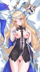 absurdres bare_shoulders bed black_collar black_dress blonde_hair blue_eyes blush breasts cartethyia_(wuthering_waves) censored chinese_commentary cleft_of_venus closed_mouth collar commentary_request cowboy_shot crown_of_thorns dress earrings female from_above hand_puppet hands_up highres jewelry long_hair looking_at_viewer lying medium_breasts merchandise_available misheng_liu_yin mosaic_censoring necklace nipples on_back on_bed pointy_ears puppet pussy sidelocks smile solo tacet_mark_(wuthering_waves) thigh_gap thighs variant_set very_long_hair wuthering_waves