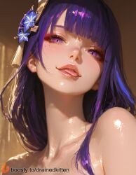 ai_generated blunt_bangs boosty boosty_username collarbone female flower hair_flower lips long_hair looking_at_viewer mole mole_under_eye nude portrait purple_eyes purple_flower purple_hair raiden_shogun shiny_skin solo tongue