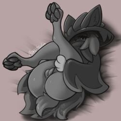 2024 4_toes anthro anus ass bedding bedding_background big_butt biped clothing covered_mouth digital_media_(artwork) english_text eyelashes feet felid feline female female_anthro full-length_portrait genitals greyscale hat headgear headwear high-angle_view hindpaw innie_vulva katress legs_up llametsul looking_at_viewer lying mammal monochrome nude on_back one_eye_obstructed onomatopoeia pal_(species) palworld paws plump_labia pocketpair portrait presenting presenting_hindquarters presenting_vulva pseudo_clothing seductive shaded solo sound_effects tail tail_motion tailwag text toes vulva witch_hat