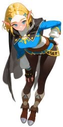 1girls absurdres ai-generated ai_generated bent_over black_gloves blonde_hair blue_eyes blue_shirt boots braid brown_boots cape crown_braid eatsleep1111 female fingerless_gloves forehead full_body gloves hair_ornament hairclip hand_on_own_hip hand_on_own_knee highres long_sleeves looking_at_viewer medium_hair pants pointy_ears princess_zelda puffy_sleeves shirt simple_background solo the_legend_of_zelda the_legend_of_zelda:_tears_of_the_kingdom thigh_gap tight_clothes tight_pants white_background