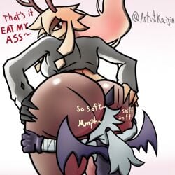 1boy1girl artist_kaijin ass ass_focus ass_grab asshole bat_wings big_butt blonde_female blonde_hair deer_horns demon_girl eating_ass eating_butt edgyverse face_in_ass female fundamental_paper_education fundamental_paper_education_oc gretel_(edgyverse) hansel_(edgyverse) licking_ass looking_at_viewer looking_back male mister_barrel(edgyverse) remake rule_63 size_difference sniffing_ass wendigo wings