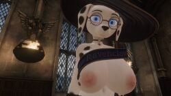 anthro big_breasts breasts casual_nudity choker choker_necklace dalmatian dolly_(101_dalmatians) female furry furry_female furry_only glasses looking_at_viewer nipples ravenclaw solo_female vrchat vrchat_avatar vrchat_model witch_hat