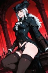 1girls 2025 background bloodborne clothed clothing female female female_focus female_only fromsoftware gloves green_eyes lady_maria_of_the_astral_clocktower light-skinned_female light_skin looking_at_viewer panties pose posing posing_for_the_viewer red_background sitting smile smiling smiling_at_viewer socks tagme tricorne uncensored video_game video_game_character video_game_franchise video_games white_hair