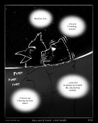 2025 absurd_res anthro avian beak bird black_background bodily_fluids border canid canine canis clothing coat comic cpr darkness dialogue domestic_dog duo eyebrows facial_scar greyscale hi_res hug hugging_another hugging_from_behind jacket maccaw_(sharkinthepark) macleish_(sharkinthepark) male mammal markings monochrome open_mouth owl scar shaking sharkinthepark side_view simple_background sound_effects speech_bubble star tears topwear tremble_lines trembling water whisker_markings wide_eyed