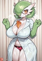 ai_generated anthro cleavage dazer24 freckles gardevoir glasses green_hair huge_breasts labcoat large_breasts mature_female messy_hair milf nerd panties pokemon pokemon_(species) thick_thighs wide_hips
