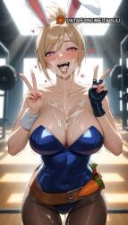 :d after_fellatio ai_generated animal_ears bare_shoulders belt black_gloves blonde_hair blue_leotard blurry blurry_background blush breasts brown_belt brown_pantyhose cleavage collarbone covered_navel cum cum_in_mouth cum_on_body cum_on_breasts cum_on_clothes cum_on_tongue cum_string cumdrip double_v dumbbell facial fake_animal_ears female fingerless_gloves gloves gym hands_up heart heart-shaped_pupils large_breasts league_of_legends league_of_legends:_wild_rift leotard looking_at_viewer meitabuu nail_polish open_mouth pantyhose pink_eyes pink_nails playboy_bunny purple_eyes rabbit_ears riot_games riven short_hair single_glove smile solo strapless strapless_leotard sweat symbol-shaped_pupils teeth tongue tongue_out trembling upper_teeth_only v wrist_cuffs