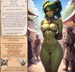 ai_generated anime big_breasts big_breasts big_breasts bondage bondage bounty_hunters edited fantasy female fictional green_hair green_skin market naked nude orc photoshop pussy_hair red_eyes roleplay ropes slave slavegirl slavery waifu
