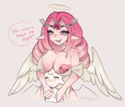 big_breasts breasts_out cookie_run_kingdom eternal_sugar_cookie jinkojinx pink_hair pink_skin self_insert two_girls yuri