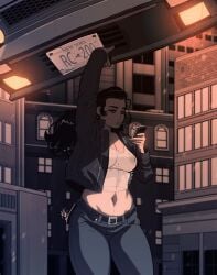 abs car clothed clothes clothing female female_focus female_only jacket jessica_jones jessica_jones_(series) marvel marvel_comics msperoni muscular muscular_female phone ripped_clothing ripped_shirt superheroine tight_clothing tight_pants
