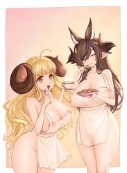 2girls ahoge anila_(granblue_fantasy) animal_ears apron areola_slip bangs blonde_hair blue_hair blunt_bangs blush breasts brown_eyes brown_hair cleavage closed_eyes closed_eyes clothing cookie covered_nipples cup curled_horns draph draph_race_(granblue_fantasy) eating extra_ears female finger_on_cheek food galleon_(granblue_fantasy) granblue_fantasy holding horns huge_breasts lactation lactation large_breasts long_hair multicolored_hair multiple_girls naked_apron nipples open_mouth pointy_ears ryusentzumi see-through sheep_horns short_eyebrows smile streaked_hair teacup thick_eyebrows thighs very_long_hair wardrobe_malfunction yellow_eyes