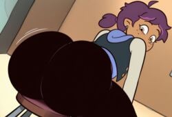 ai_art ai_generated ass ass ass_focus ass_shake ayzee_noceda_blight_(the_owl_house) big_ass big_butt black_pants booty bubble_ass bubble_butt butt_focus civitai earrings freckles looking_at_own_ass looking_at_own_butt looking_back motion_lines original_character purple_hair sitting_on_stool sports_jacket tan_body tan_skin tan_skinned_female the_owl_house the_owl_house_(finale) the_owl_house_oc the_owl_house_original_character yellow_eyes