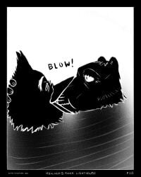 2025 absurd_res anthro avian beak bird blowing border canid canine canis comic cpr death domestic_dog duo eye_bags facial_scar greyscale hi_res maccaw_(sharkinthepark) macleish_(sharkinthepark) male mammal monochrome owl ripples scar sharkinthepark sound_effects water wet wide_eyed
