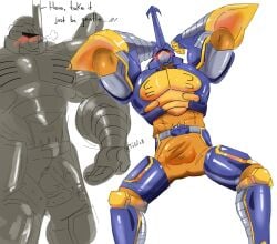 2023 anthro armor arthropod balls bandai_namco beetle beetlemon big_bulge big_muscles blue_body blush bulge clothing colored detailed_bulge digimon digimon_(species) digital_drawing_(artwork) digital_media_(artwork) gauntlets genitals gloves hands_behind_head handwear headgear helmet hi_res horn horned_helmet humanoid_genitalia humanoid_penis insects male mammal muscular muscular_anthro muscular_male pecs penile penis simple_background solo spandex tight_clothing tugfx8 undressing vein veiny_penis