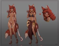 :p animal_ears bare_shoulders barefoot breasts brown_hair commentary commission completely_nude d-rex dark-skinned_female dark_skin english_commentary female fox_ears fox_girl fox_tail full-body_tattoo full_body grey_background hair_tubes hand_up heart heart_tattoo holding holding_staff long_hair looking_at_viewer making-of_available multiple_views navel nipples nude one_eye_closed original pelvic_curtain pubic_tattoo pussy red_eyes simple_background skull small_breasts staff tail tattoo tongue tongue_out waving