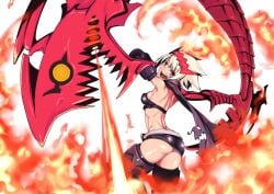 ass bare_shoulders breasts dragon dragon_girl dragon_marked_for_death empress_(dmfd) female female_focus fire hair_ornament highres horn looking_back medium_breasts microskirt midriff miniskirt open_mouth red_eyes scarf short_hair skirt solo spiked_hair strapless thighhighs tube_top wantsupanchi!! white_background white_hair