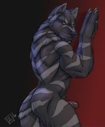 anthro ass biceps big body_markings canine claws erection fangs fur furry looking_at_viewer looking_back male male_only markings muscles nude penis pose rrowdybeast solo stripes vverevvolf wall werewolf wolf