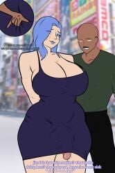 bigger_female bigger_futa blue_eyes blue_hair embarrassed fingering fingering_ass fingering_partner fingering_through_clothes kal_(kalxto) kalxto large_ass large_breasts male_on_futa mature_female milf outdoors public ratedf4futa standing