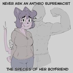 1boy 1girls anthro blush demidoggo dialogue english_text faceless_male female flexing flexing_bicep furry grey_body looking_at_viewer male meme meme_reference muscular muscular_male nervous original original_character purple_body text