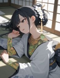 ai ai_generated black_hair black_hair_female clothed irezumi japanese japanese_clothes japanese_clothing japanese_tattoo kimono klaiialk oc original original_character ryuu_ga_gotoku tattoo tattoo_on_arm tattoo_on_breast tattoo_on_breasts tattoo_on_chest tattoo_on_shoulder tattooed_arm tattoos tired yakuza_girl yakuza_tattoo