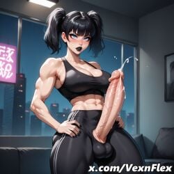 abs ai_generated ass_visible_through_thighs balls bangs black_hair black_lips black_nails black_sports_bra blue_eyes blush breasts cleavage cum ejaculation erection female futanari goth goth_girl hands_on_hips hi_res high_resolution huge_cock indoors intersex large_breasts looking_at_viewer makeup muscular muscular_female navel pants penis short_hair solo sports_bra testicles twintails uncensored veins veiny_penis vexnflex violet_(vexnflex) watermark window yoga_pants