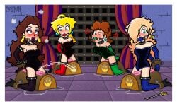 4girls angry arms_behind_back arms_tied armwear ball_gag black_armwear black_legwear blonde_female blue_armwear blue_eyes blue_legwear blush bound breasts brown_hair cleavage clothing collar corset ear_piercing eyelashes female female_only gagged gagged_female green_armwear green_legwear human human_only indoors light-skinned_female light_skin long_hair looking_at_another mammal mario_(series) mature mature_female messy_hair nintendo pauline princess princess_daisy princess_peach princess_rosalina pussy_juice pussy_squirt red_armwear red_legwear red_lipstick royalty short_hair squirting squirting_orgasm tagme the_moss-man vibrator wand wet wet_pussy