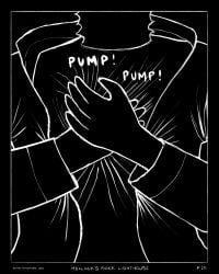 2025 5_fingers absurd_res ambiguous_gender black_background border clothing coat collared_jacket comic cpr duo fingers greyscale hands_together hi_res jacket monochrome sharkinthepark shirt simple_background sound_effects topwear