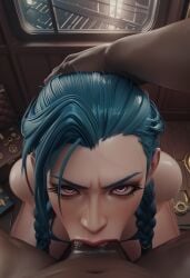 1boy 1girls 3d ai_generated anal anal_sex angry arcane big_penis bikini blowjob blue_hair blue_underwear dark-skinned_male fellatio female female_focus frowning grabbing_head hands_on_head huge_cock indoors interracial irrumatio jinx_(league_of_legends) league_of_legends light-skinned_female long_hair looking_back male_pov oral oral_sex pale_skin pov sex sodaglow_artist tattoo underwear
