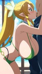 1boy 1girls adult aegis_elysium ai_art ai_generated background bandai_namco beach belly belly_button bellybutton bikini blonde_hair blowjob bra breasts cleavage close-up cloud clouds deepthroat earrings elbow_gloves elf female female_focus fence gem gesture_hand grabbing green_bikini hair_ornament headpiece highres holding holding_breast holding_breasts horny house huge_breasts indoors jewelry large_breasts leafa lewd long_hair looking_at_viewer naughty ocean pants penis ponytail sand sea seaside sex sexy_clothing sideways simple_background sitting sky smiling_at_viewer solo solo_focus sword_art_online sword_art_online:_fairy_dance thick_breasts tiara very_long_hair wall wall_(structure) water wood wooden_fence wooden_floor