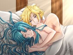after_sex bed blanket blonde_hair blue_eyes blue_hair camelot cuddling exposed_breasts golden_sun golden_sun_art_initiative happy hug hugging hugging_from_behind isaac isaac_(golden_sun) kyir999 large_breasts love mia mia_(golden_sun) nintendo nude sleeping smile sunlight window