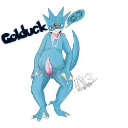 anatid anseriform anthro avian bird bodily_fluids drooling duck fledgedragonfox generation_1_pokemon genitals golduck humanoid male nintendo penis pinup pokemon pokemon_(species) pokemorph pose presenting saliva slightly_chubby solo thick_thighs tongue