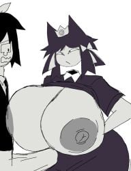 1boy 1female 1girls 1male abbie_(fundamental_paper_education) ass_bigger_than_head big_ass big_breasts breasts_bigger_than_head crown erect_nipples erect_penis erection_under_clothes fundamental_paper_education inminent_sex lizzy_(fundamental_paper_education) looking_at_partner momiji_(artist) nervous showing_breasts simple_background white_background white_body