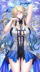 absurdres arm_up armpits black_collar black_dress blonde_hair blue_eyes blue_hair breast_curtains breasts chinese_commentary closed_mouth collar colored_inner_hair commentary_request cowboy_shot crown_of_thorns dakimakura_(medium) dress earrings female fleurdelys_(wuthering_waves) floating_earrings from_above hand_up highres horns huge_breasts jewelry long_hair long_horns looking_at_viewer lying lying_on_water merchandise_available misheng_liu_yin multicolored_hair necklace on_back parted_bangs ripples single_horn solo tacet_mark_(wuthering_waves) thigh_gap thighs variant_set very_long_hair wet wuthering_waves yellow_horns