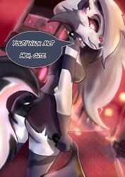 anthro ass canine femdom furry grin helluva_boss holding_leash imp looking_at_viewer looking_back loona_(helluva_boss) muggymelon speech_bubble spiked_collar tail talking_to_viewer