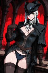 2025 ai_generated background bloodborne breasts collar female female_focus fromsoftware gloves green_eyes lady_maria_of_the_astral_clocktower light-skinned_female light_skin looking_at_viewer no_bra panties pose posing posing_for_the_viewer red_background smile smiling smiling_at_viewer socks tagme tricorne uncensored underwear undressing undressing_self video_game video_game_character video_game_franchise video_games white_hair