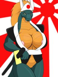 2012 amber_eyes big_breasts bottomless breasts cleavage dragon droll3 fangs female field_marshall hair horn imperial_japan japan long_hair looking_at_viewer parody pussy reptile rising_sun samurai scalie sword weapon world_war_2