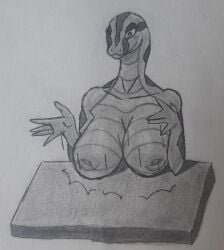 absurd_res big_breasts boa_(snake) breasts dakar3 fair_argument_(meme) female front_view furniture graphite_(artwork) hi_res lucy_(dakar3) meme nipples non-mammal_breasts non-mammal_nipples reptile scalie simple_background snake solo table thick_thighs traditional_media_(artwork) white_background wide_hips