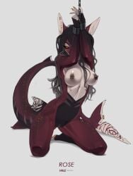3:4 anthro belly black_sclera bondage bound breasts chained chains clothed clothing cuff_(restraint) curvy_figure dark_hair ear_piercing erect_nipples female fin fin_piercing fish furgonomics furry-specific_piercing genitals hair hale. hands_above_head heart_(marking) hi_res highlights_(coloring) hourglass_figure kneeling looking_at_viewer marine markings medium_breasts messy_hair midriff narrowed_eyes navel nipple_piercing nipples no_underwear non-mammal_breasts nude one_eye_obstructed orange_eyes piercing red_body red_skin restrained restraints rose_(kamikazekit) shark small_waist solo spread_legs spreading white_markings wide_hips wrist_cuffs