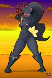 2025 absurd_res anthro areola armwear banette beach bedroom_eyes black_lipstick blush bodily_fluids boots breasts cleft_of_venus clothing dark_body digital_media_(artwork) elbow_gloves felid feline female footwear generation_3_pokemon genital_fluids genitals gloves hair hands_behind_head handwear hi_res innie_vulva knee_boots knee_highs latex latex_boots latex_clothing latex_footwear latex_gloves latex_handwear legwear lipstick looking_at_viewer lunaris_parukia makeup mammal mostly_nude narrowed_eyes navel nintendo nipples pink_areola pink_nipples pink_sclera pokemon pokemon_(species) pokemorph ponytail public public_exposure red_eyes seductive shoes solo standing sunset vaginal_fluids vulva zipper zippy_(lunaris_parukia)