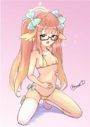 :o aroused asymmetrical_legwear bikini blonde_hair blue_archive blue_eyes blunt_bangs blush breasts breath commentary_request feather_hair female glasses gold_bikini hair_ribbon halo heavy_breathing highres kneehighs long_hair micro_bikini milkmochi mismatched_legwear multicolored_hair navel orange_hair plaid_ribbon pussy_juice ribbon ribbon-trimmed_underwear ribbon_trim semi-rimless_eyewear shimiko_(blue_archive) small_breasts socks solo squatting stomach swimsuit thighhighs twintails under-rim_eyewear underwear very_long_hair white_thighhighs yellow_bikini
