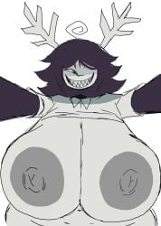 1girls belly_button deer_horns fundamental_paper_education grin grinning_at_viewer half_naked hard_nipples looking_at_viewer massive_breasts miss_thavel_(fundamental_paper_education) momiji_(artist) nipple_bulge pov sharp_teeth tagme wide_hips