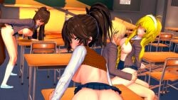 3d 3girls3boys against_table blonde_hair brown_hair classroom dark-skinned_male edit edited femc_(doki_doki_literature_club) green_eyes high_ponytail kaori_(doki_doki_literature_club) koikatsu pov pov_eye_contact riding_cock riding_dick riding_penis screaming_in_pleasure screaming_orgasm sexclub sucking_breasts sucking_nipples taken_from_behind white_hairband yellow_eyes young_adults