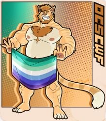 absurd_res anthro armpit_hair barazoku beard body_hair border chest_tuft closed_eyes domestic_cat facial_hair felid feline felis flag flag_(object) fur genitals hair halftone halftone_background hi_res lgbt_pride lgbt_pride_month male mammal markings muscular muscular_anthro muscular_male nipples nude nude_anthro nude_male orange_body orange_fur orange_hair outcast-stars pattern_background pecs penis pride_colors shadow_silhouette silhouetted_genitals silhouetted_penis simple_background smile solo striped_body striped_fur striped_markings striped_tail stripes tabby_cat tail tail_markings thick_arms thick_thighs toothy_smile tuft weyland_here whiskers