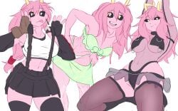 abs barely_clothed bikini black_sclera boku_no_hero_academia breasts cleavage cosplay fit fit_female hips hips_wider_than_shoulders holic_fz looking_at_viewer mina_ashido my_hero_academia panties playful post-timeskip sideboob stockings suspenders swimsuit thick_thighs thighs tifa_lockhart_(cosplay) toned_female underboob useless_clothing yellow_eyes yellow_horns