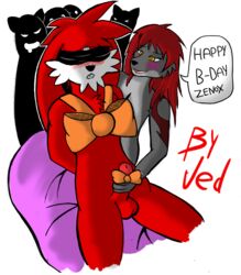 anthro balls bandage birthday black_figures blindfold blush bondage canine erection feline female fur furry gift hair handjob herseio imminent_rape klonoa klonoa_(series) male male_focus masturbation nude party penis red_fur red_hair tattoo wolf zenox