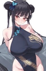 1girls black_hair blue_archive breasts china_dress female hi_res hips huge_breasts kisaki_(blue_archive)_(cosplay) kuavera light-skinned_female light_skin long_hair naughty_face outfit_swap red_eyes rio_(blue_archive) smile thick_thighs thighs wide_hips