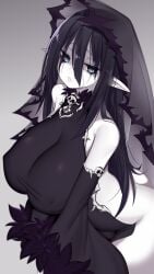 banshee_(monster_girl_encyclopedia) black_hair blue_eyes dress female_only large_breasts long_hair mofuaki monster_girl_encyclopedia see-through solo undead veil white_skin