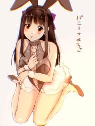 alternate_costume black_hair blunt_bangs blush bunny_ears female female_only full_body gegege_no_kitarou hair_ribbon high_heels kitarou_tanjou_gegege_no_nazo leotard long_hair looking_at_viewer medium_breasts mole_under_eye playboy_bunny ryuuga_sayo sitting solo wariza