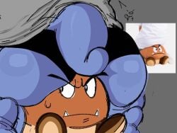 ass ass_focus big_ass blue_body dice_(yoitsdice) goomba grey_background looking_at_viewer mario_(series) monster nintendo original_character shirt_lift sitting sitting_on_another tail twitter_user_oc unseen_face yoitsdice