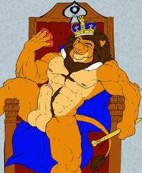 abs anthro balls biceps blue_eyes cards chest_tuft crown erection feline fur furry hairy king knuxlight koren_firespirit lion male male_only muscles pecs penis pose royalty solo throne uncut